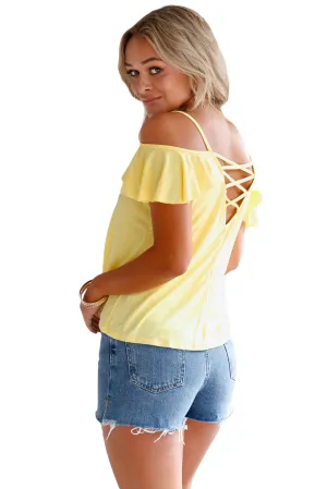 Sexy Yellow Crisscross Back Ruffle Cold Shoulder Top