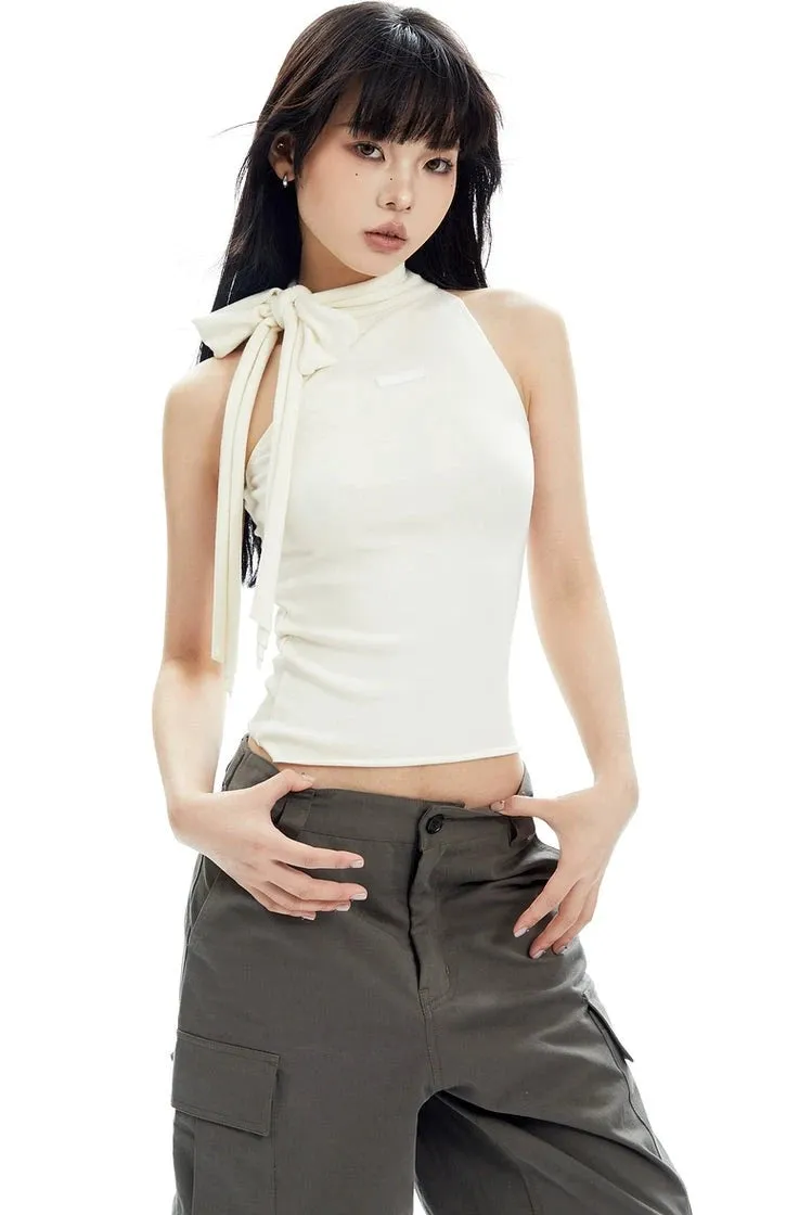 Sleeveless Turtleneck Top with Side Bow Scarf Detail