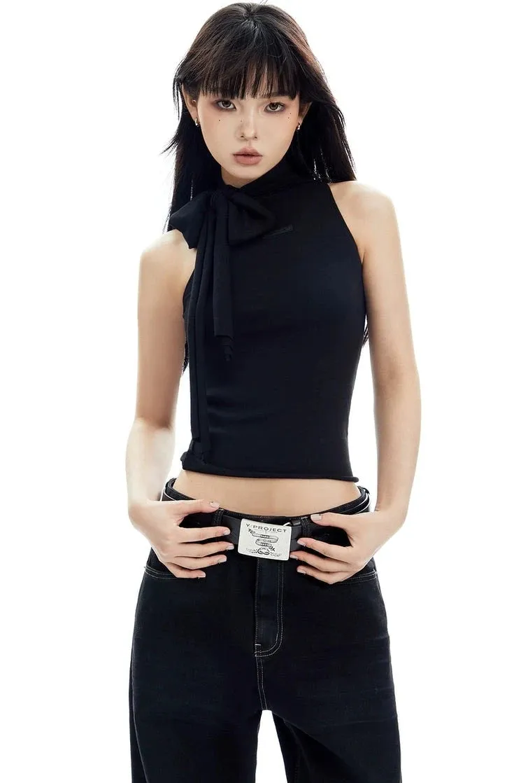 Sleeveless Turtleneck Top with Side Bow Scarf Detail
