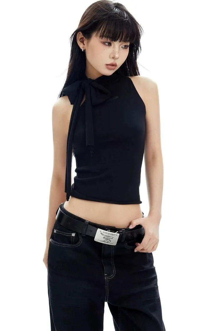 Sleeveless Turtleneck Top with Side Bow Scarf Detail