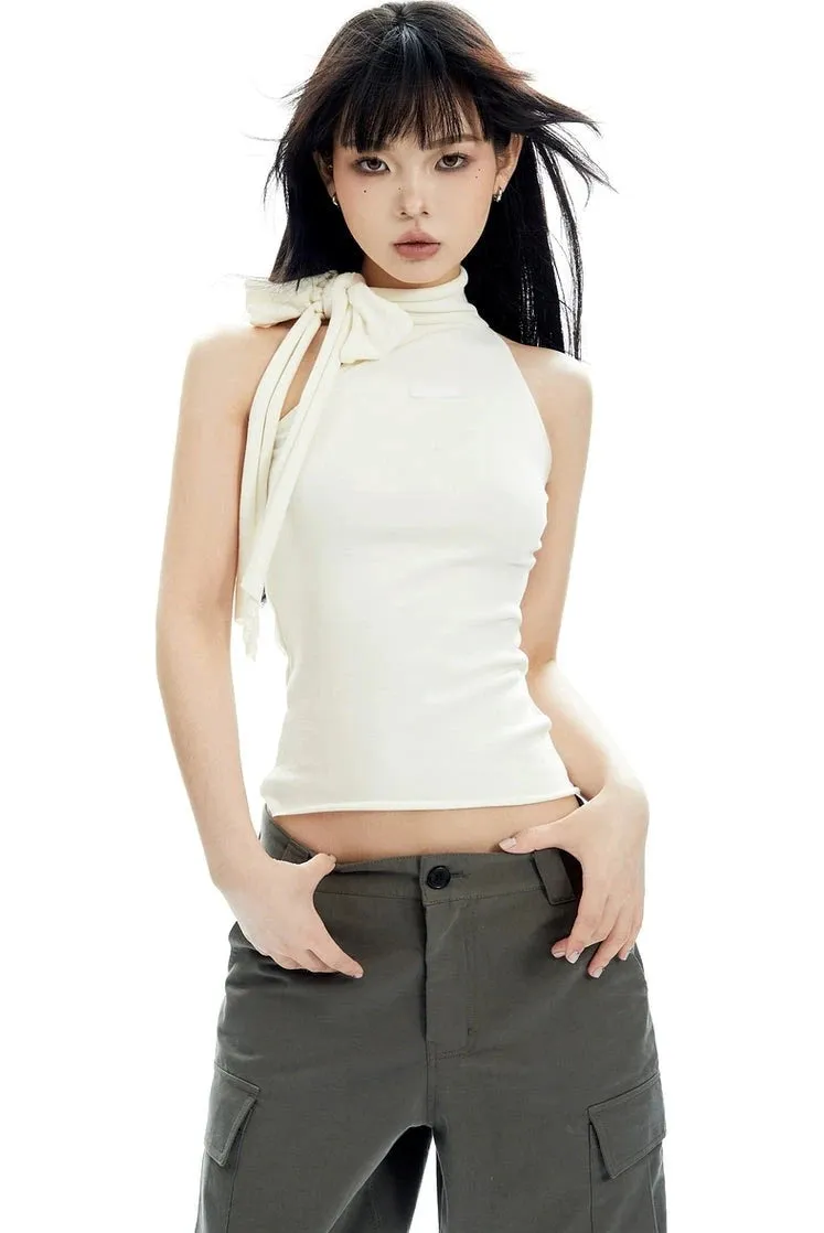 Sleeveless Turtleneck Top with Side Bow Scarf Detail