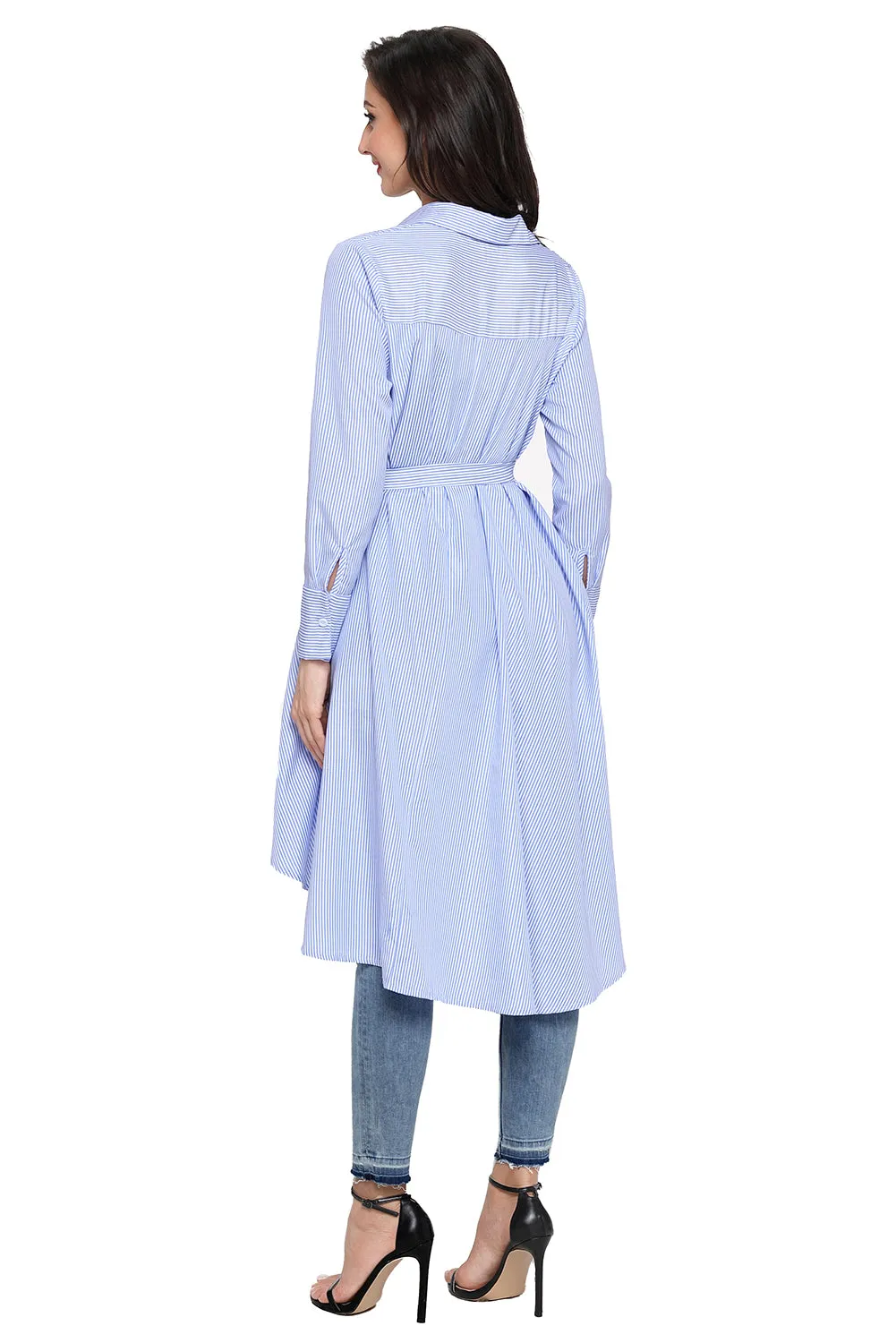 Striped Lapel Shirt High Low Belted Blouse Top