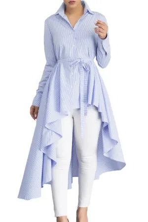 Striped Lapel Shirt High Low Belted Blouse Top