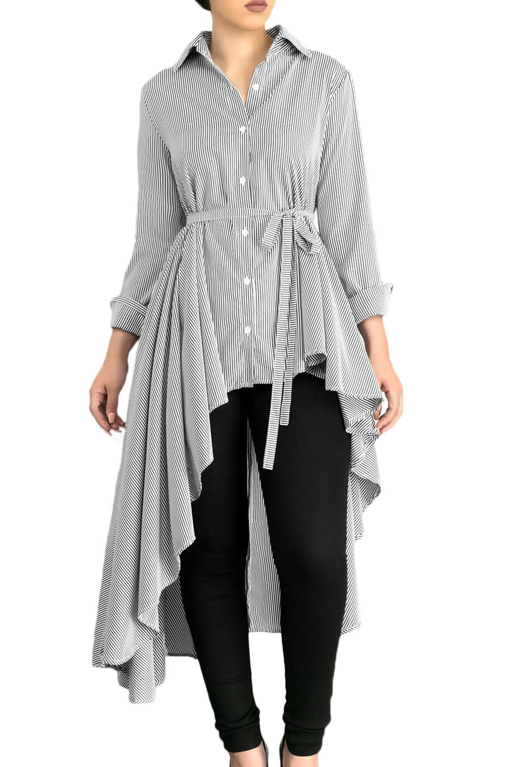 Striped Lapel Shirt High Low Belted Blouse Top