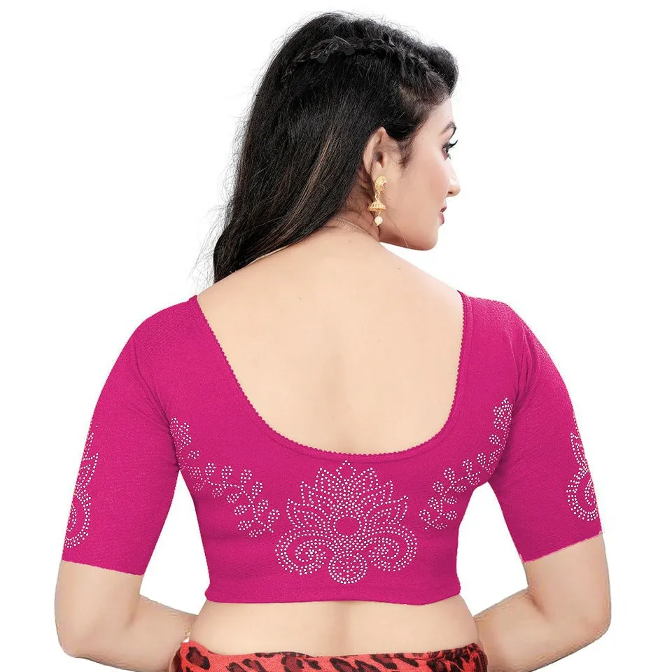 StylesIndia Women's Cotton Lycra Stretchable Stone Work Designer Blouse | Deep U-Back Party Wear Saree Blouse | Festive Ethnic Wear DNO:405