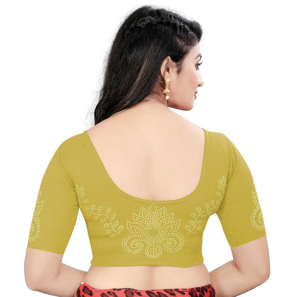 StylesIndia Women's Cotton Lycra Stretchable Stone Work Designer Blouse | Deep U-Back Party Wear Saree Blouse | Festive Ethnic Wear DNO:405