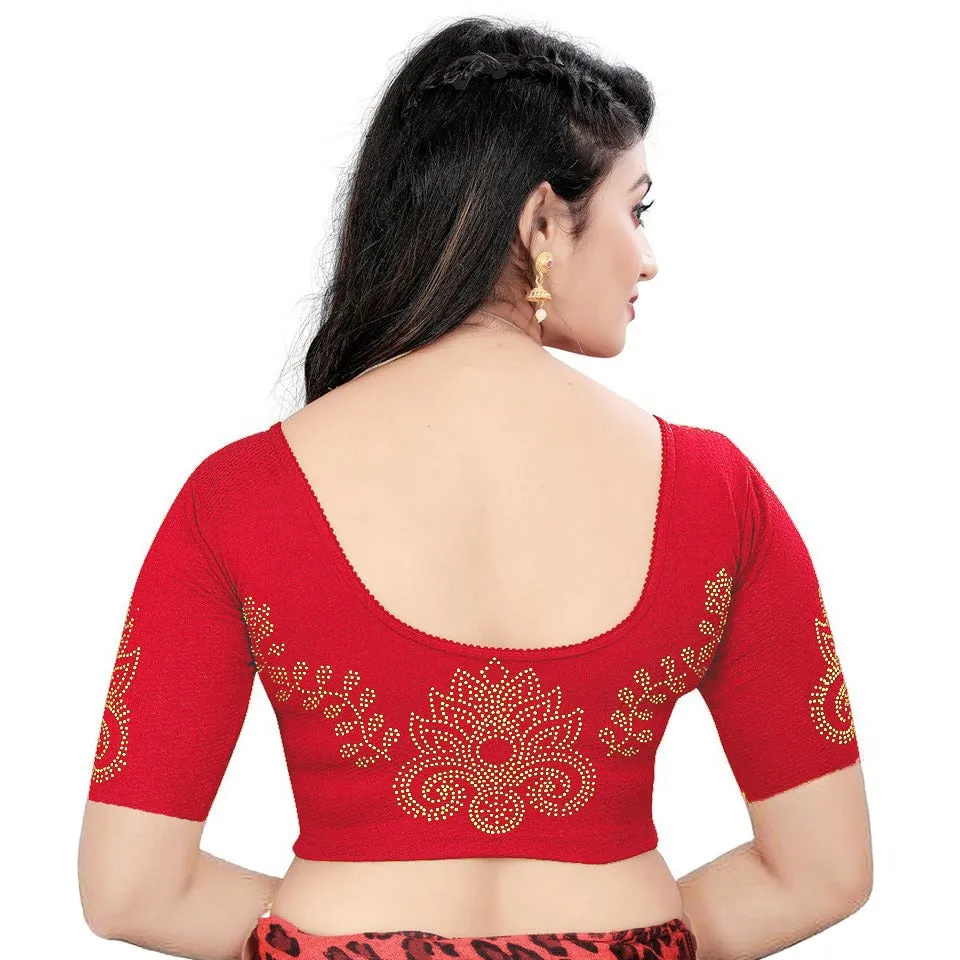 StylesIndia Women's Cotton Lycra Stretchable Stone Work Designer Blouse | Deep U-Back Party Wear Saree Blouse | Festive Ethnic Wear DNO:405