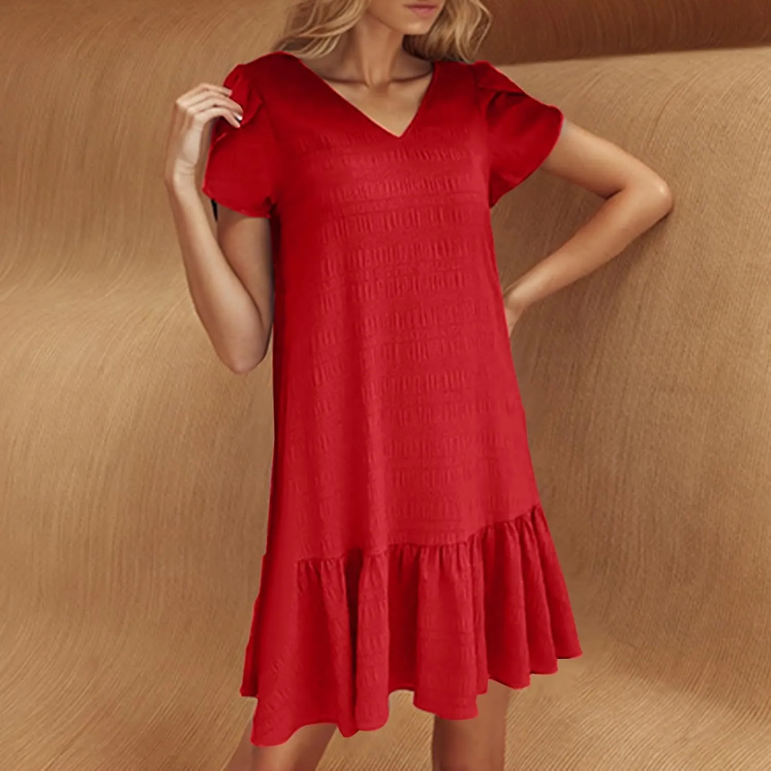 Summer Boho Ruffle Sundress for Women Petal Short Sleeve Vacation Dress Elegant V Neck Ruffles Dresses 2025 New