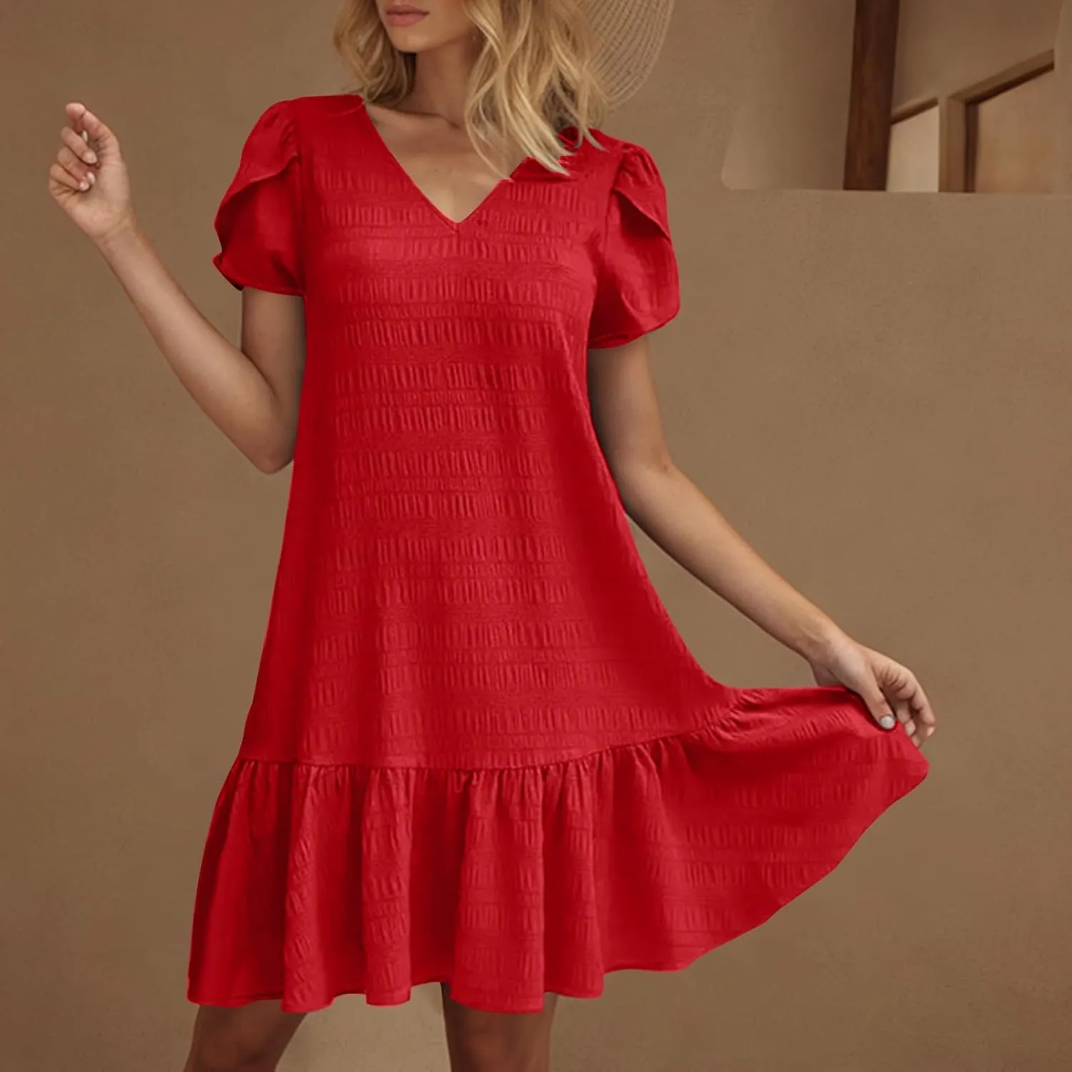 Summer Boho Ruffle Sundress for Women Petal Short Sleeve Vacation Dress Elegant V Neck Ruffles Dresses 2025 New