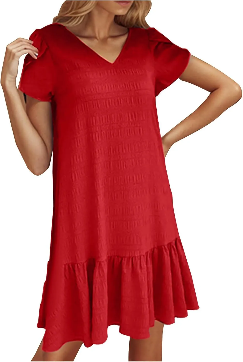 Summer Boho Ruffle Sundress for Women Petal Short Sleeve Vacation Dress Elegant V Neck Ruffles Dresses 2025 New