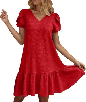 Summer Boho Ruffle Sundress for Women Petal Short Sleeve Vacation Dress Elegant V Neck Ruffles Dresses 2025 New