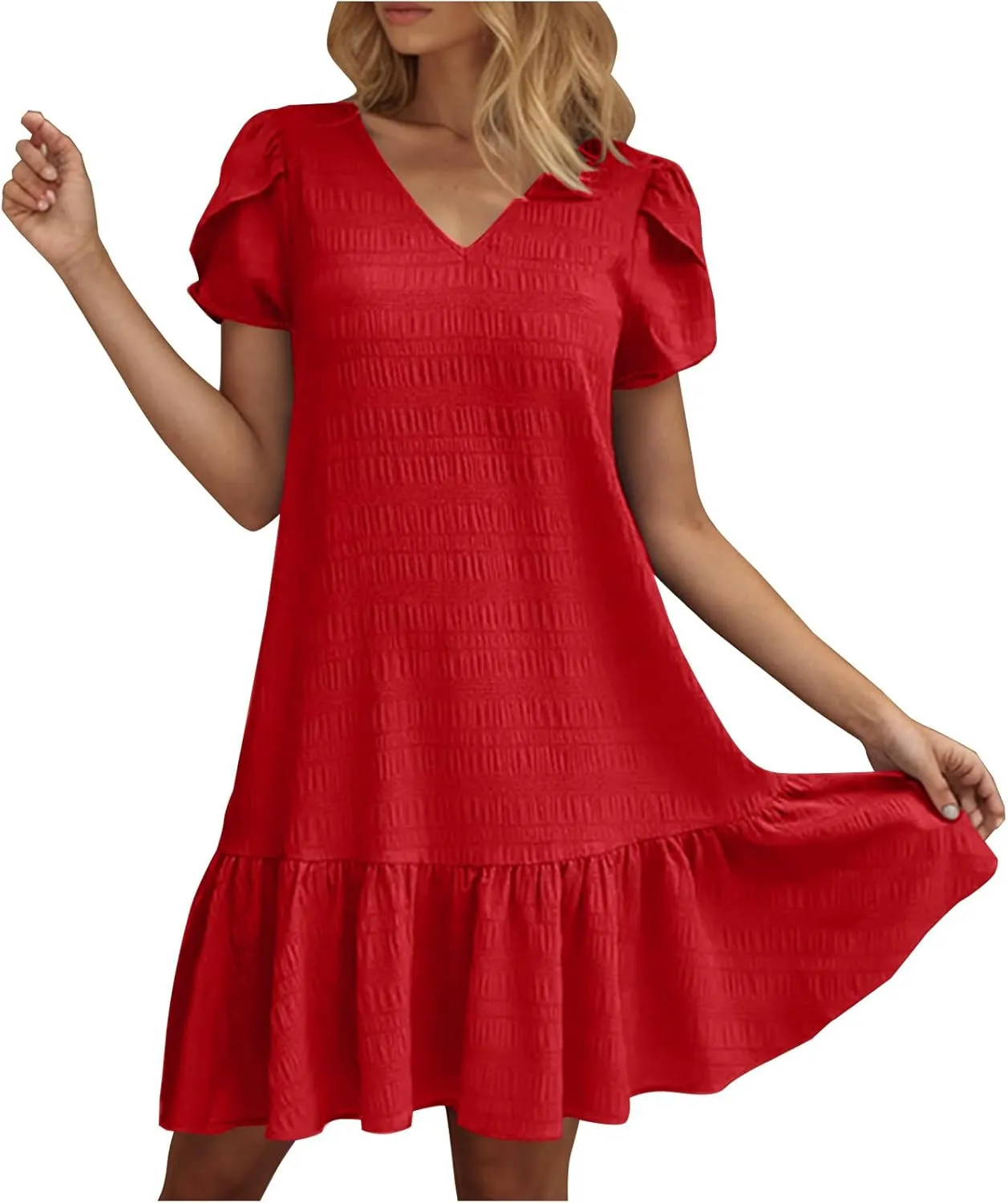 Summer Boho Ruffle Sundress for Women Petal Short Sleeve Vacation Dress Elegant V Neck Ruffles Dresses 2025 New