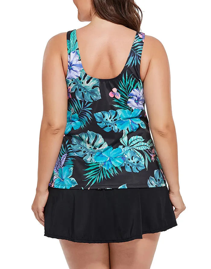 Summervivi-Green Tropical Classic Tankini With Skirt