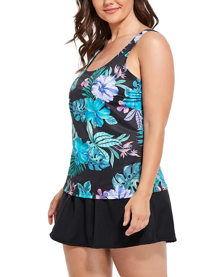 Summervivi-Green Tropical Classic Tankini With Skirt