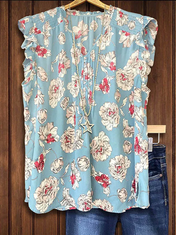 Sweet Floral Printed Ruffled Blouse