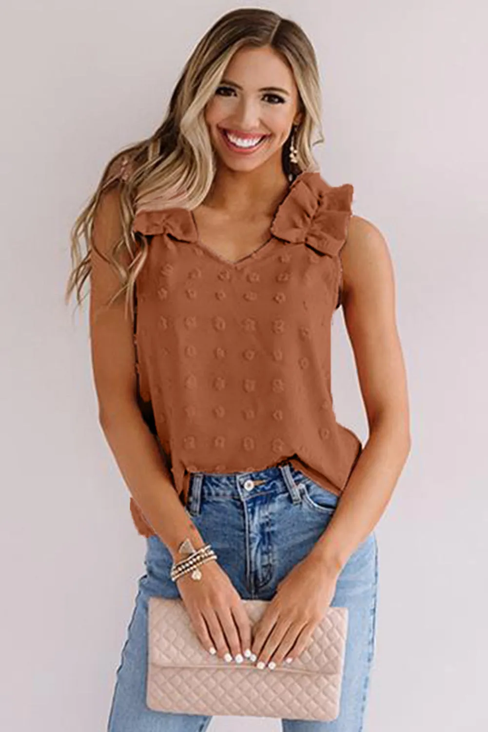 Swiss Dot Woven Sleeveless Top With Ruffled Straps