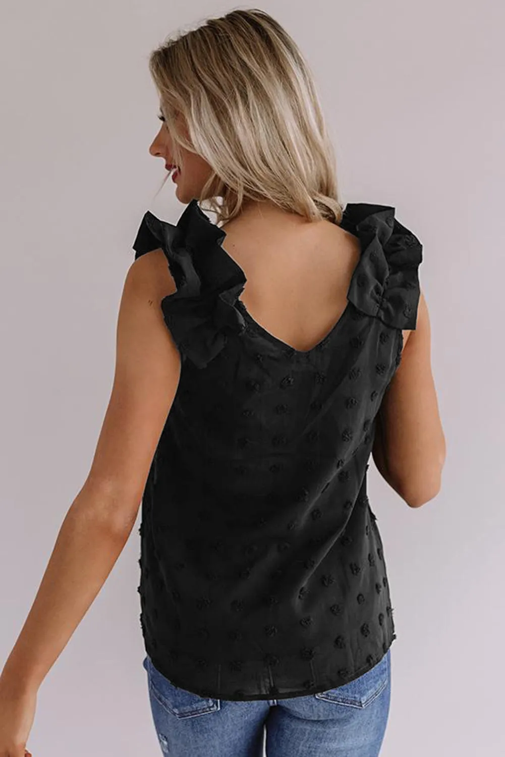 Swiss Dot Woven Sleeveless Top With Ruffled Straps