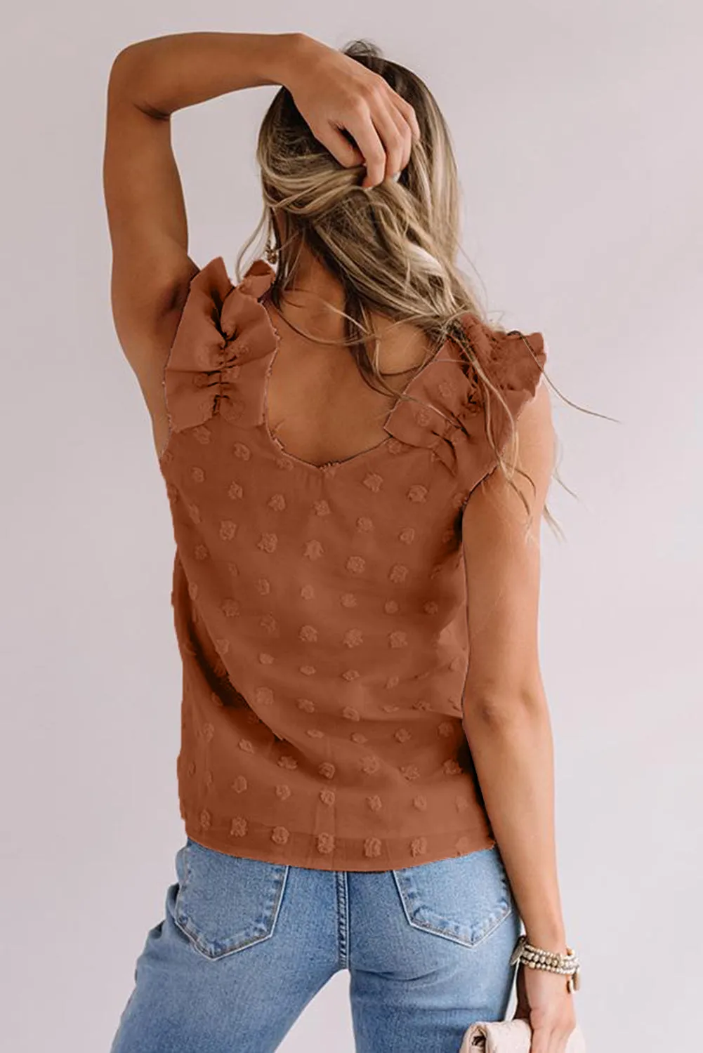 Swiss Dot Woven Sleeveless Top With Ruffled Straps