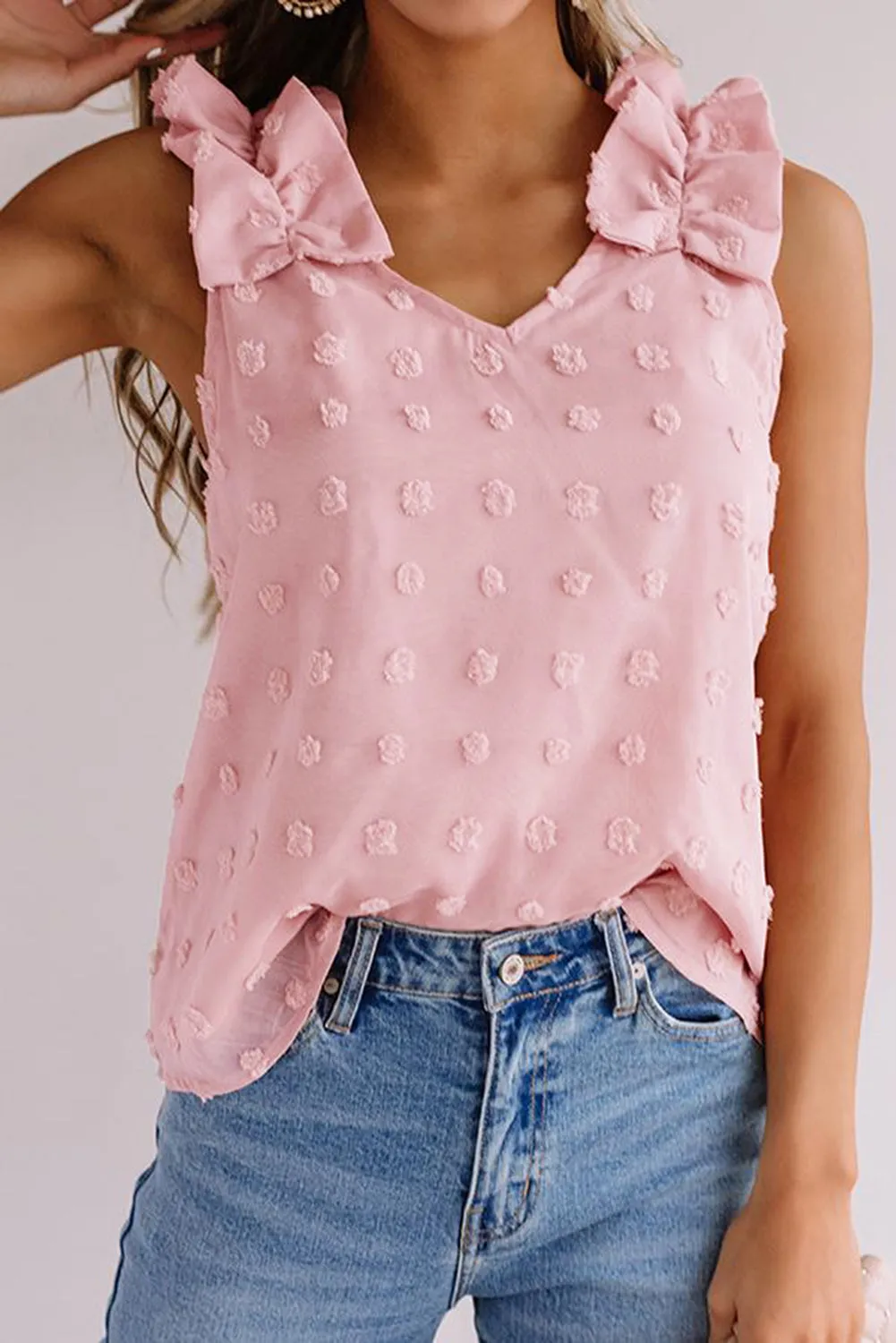 Swiss Dot Woven Sleeveless Top With Ruffled Straps