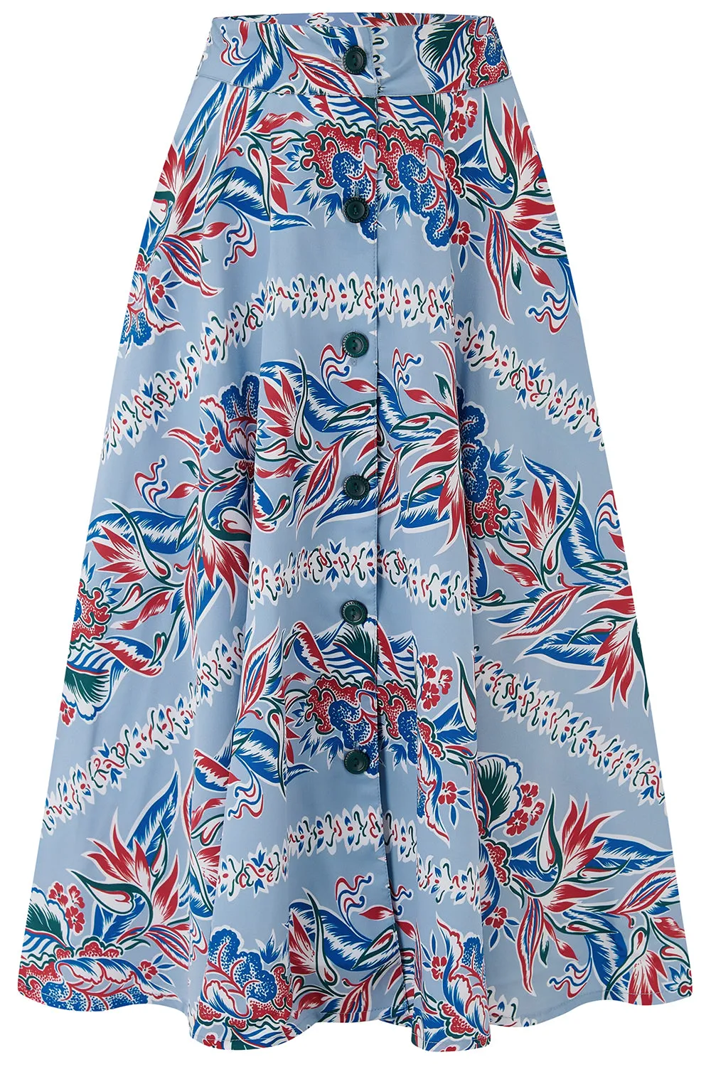 The "Beverly" Button Front Full Circle Skirt with Pockets in Polynesia Print, True 1950s Vintage Style