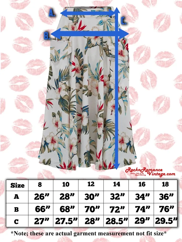 The "Beverly" Button Front Full Circle Skirt with Pockets in Polynesia Print, True 1950s Vintage Style