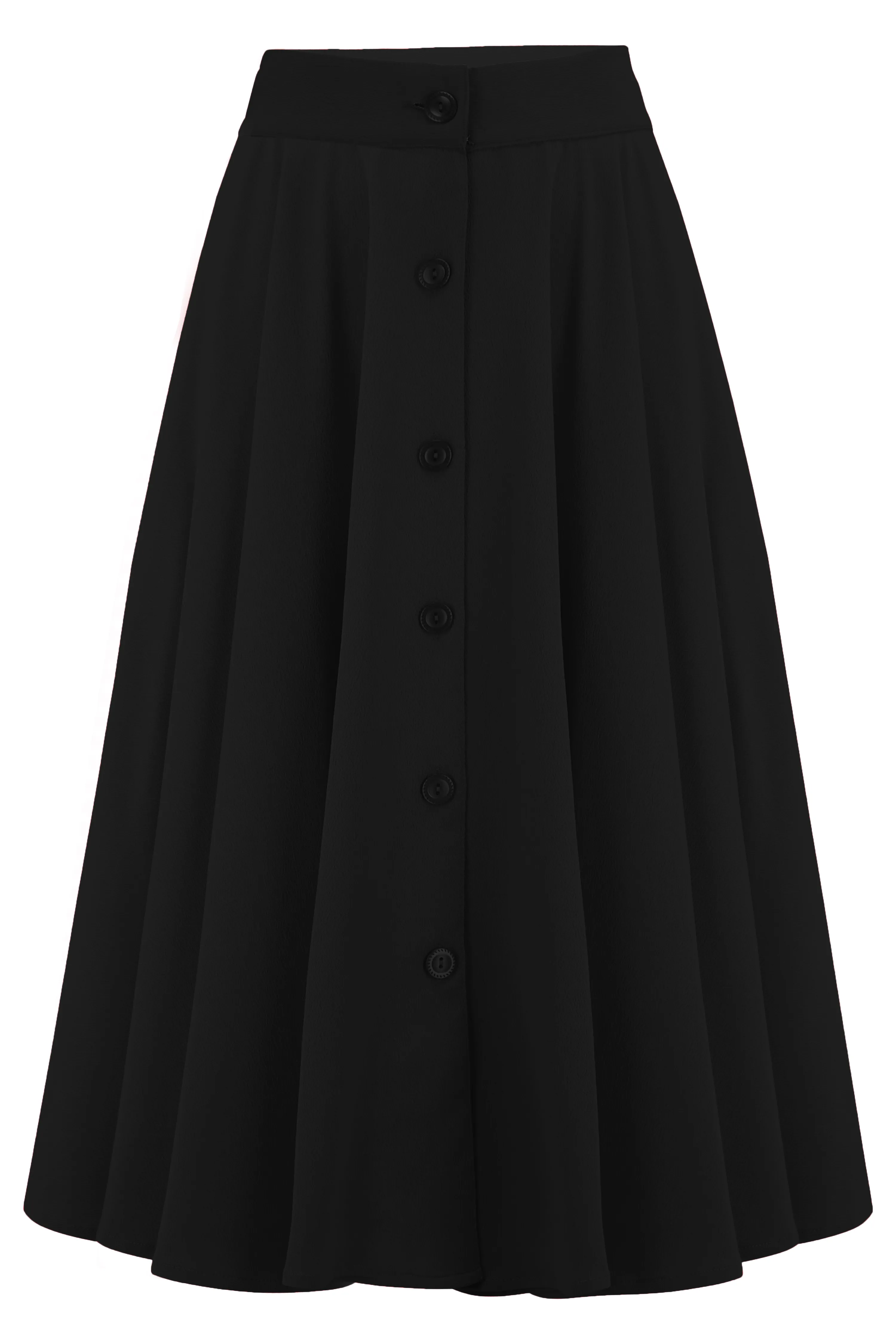 The "Beverly" Button Front Full Circle Skirt with Pockets in Solid Black, Authentic 1950s Vintage Style