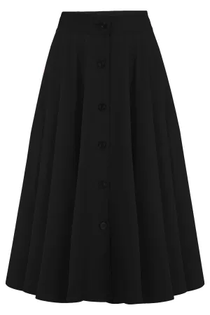 The "Beverly" Button Front Full Circle Skirt with Pockets in Solid Black, Authentic 1950s Vintage Style