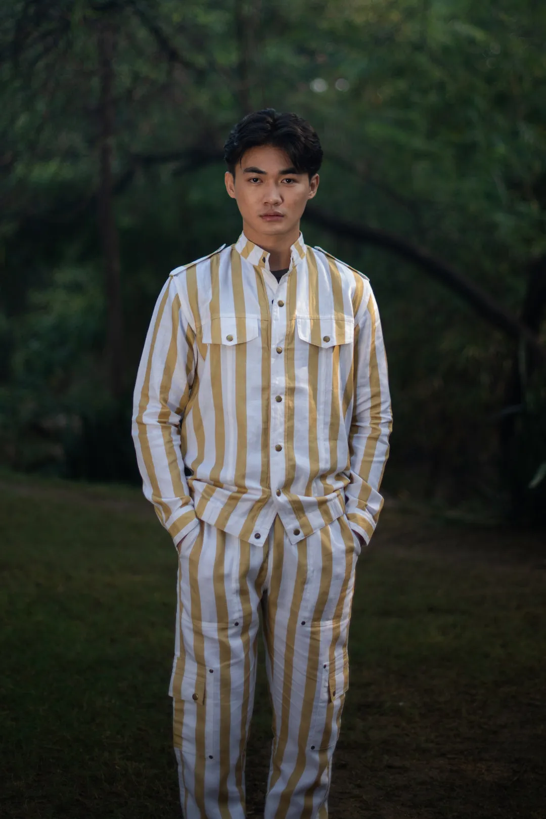 The Terra Tribe Yellow Linen Twill Stripes Country Oversized Jacket