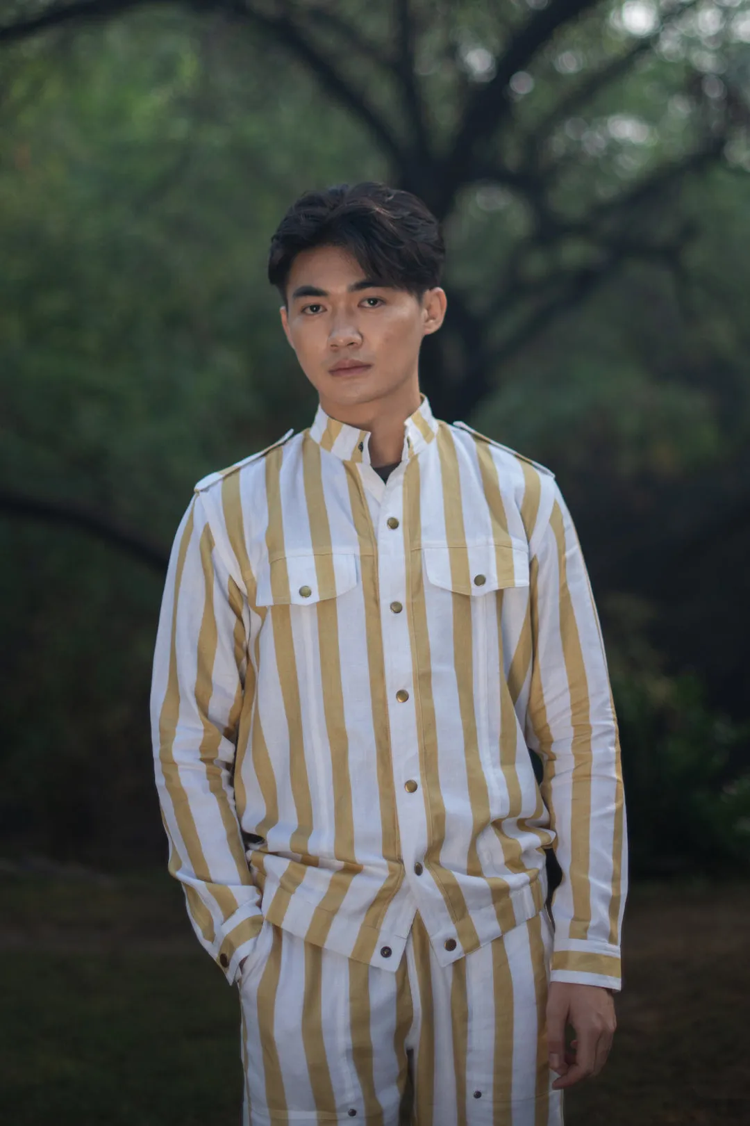 The Terra Tribe Yellow Linen Twill Stripes Country Oversized Jacket