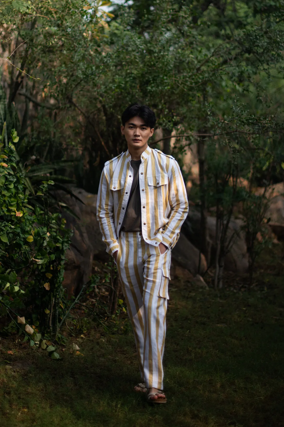 The Terra Tribe Yellow Linen Twill Stripes Country Oversized Jacket