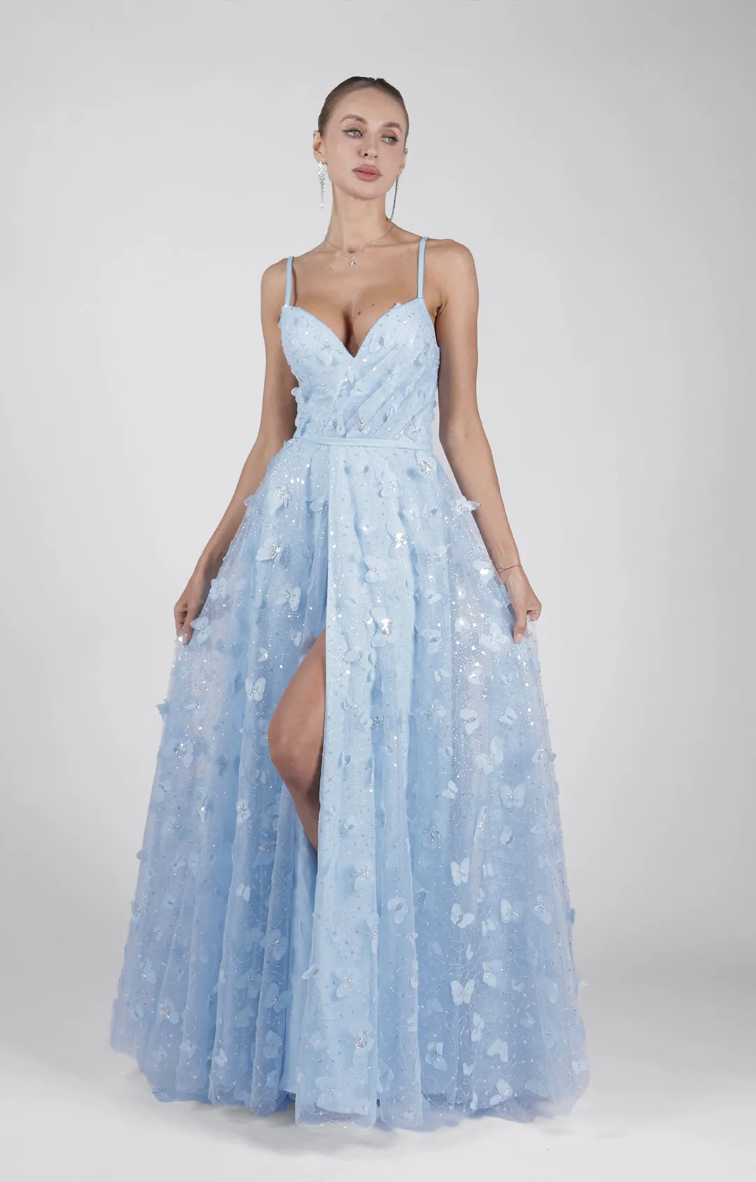 V-Neck A-Line Spaghetti Straps Lace-up Split Puffy Dress