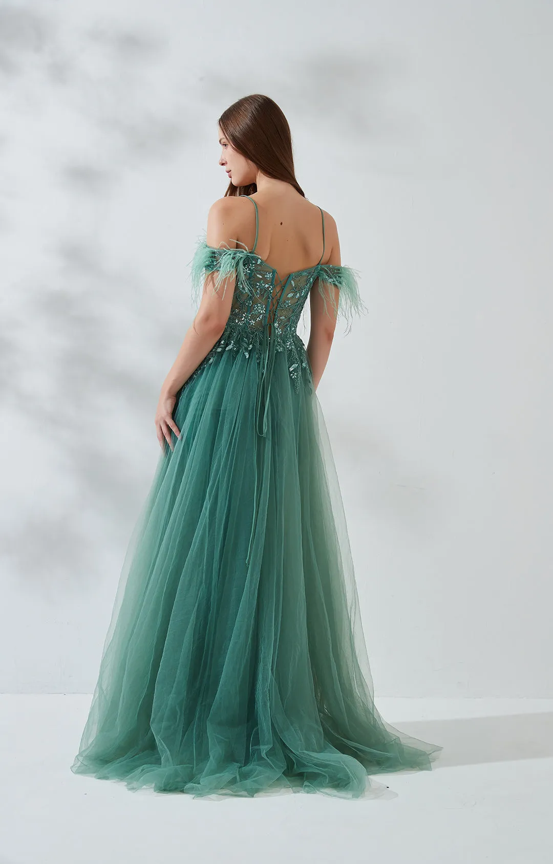 V-Neck Feather Drop Shoulder Sleeve Straps Appliquéd Mesh Dress