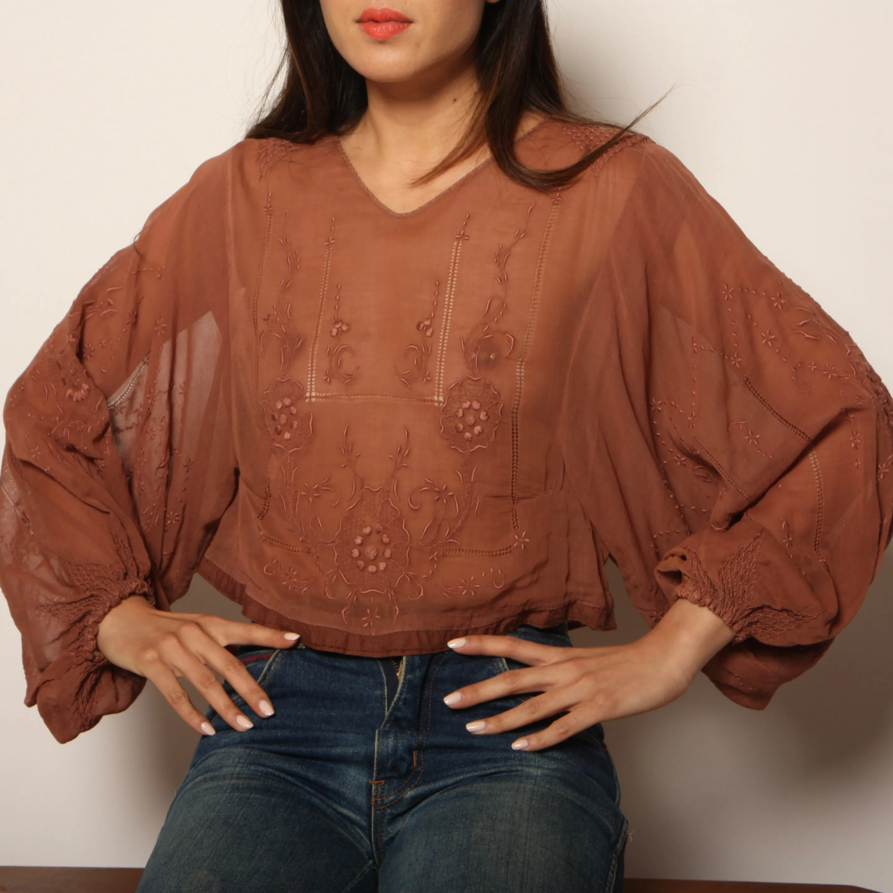 Vintage 30's Romantic Voile Embroidered Poet Blouse