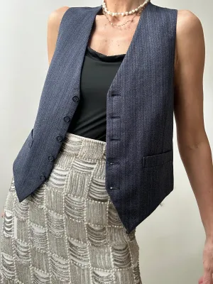 Vintage Suit Vest Black Blue Stripe