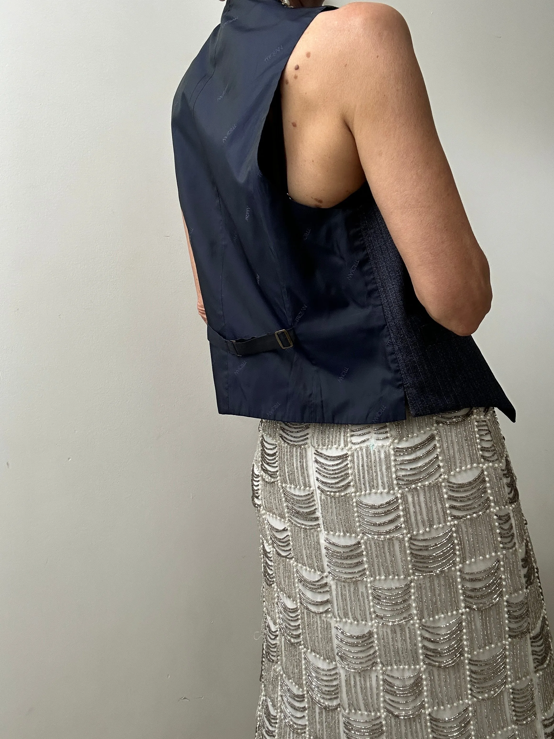 Vintage Suit Vest Black Blue Stripe