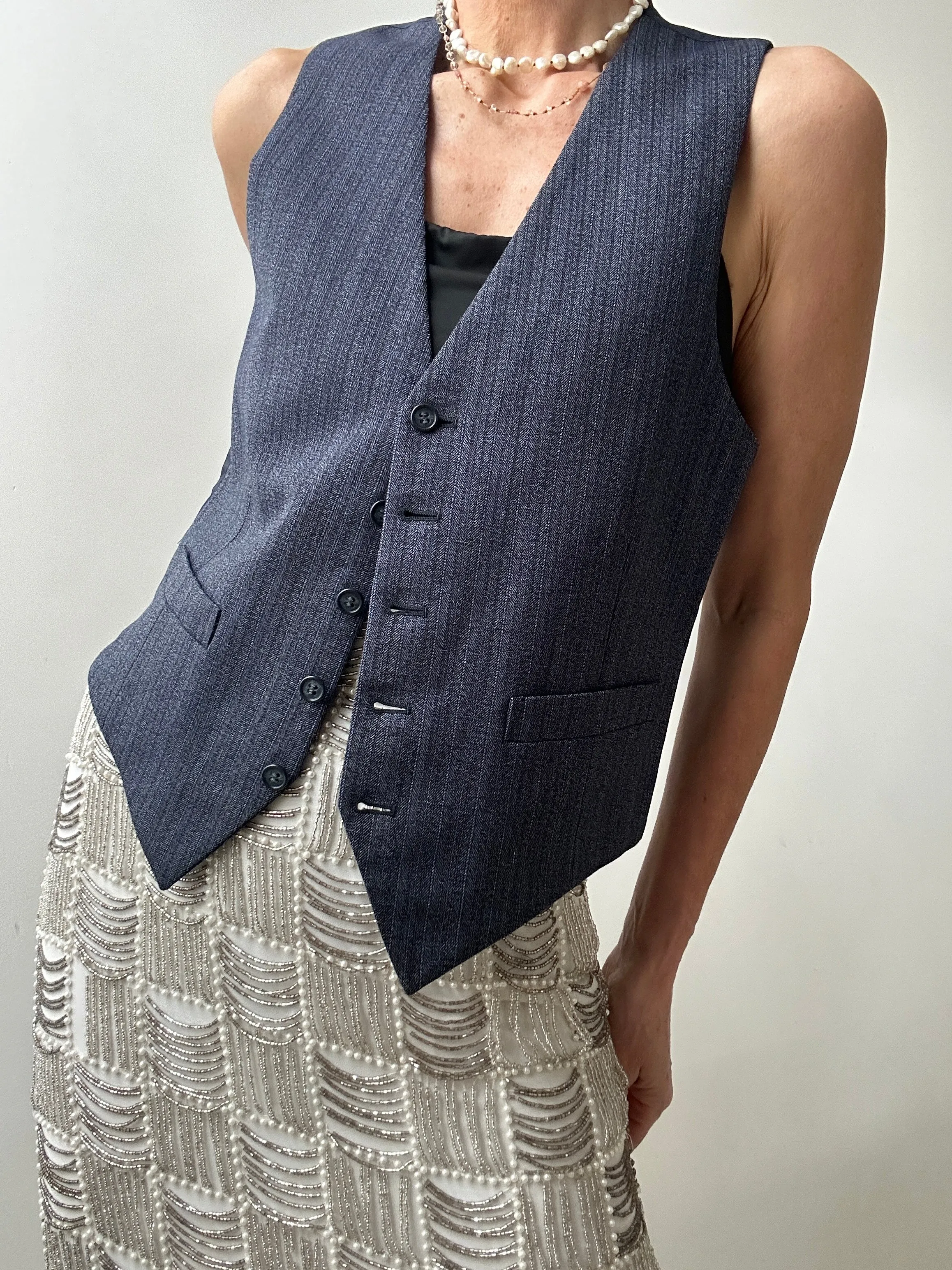 Vintage Suit Vest Black Blue Stripe