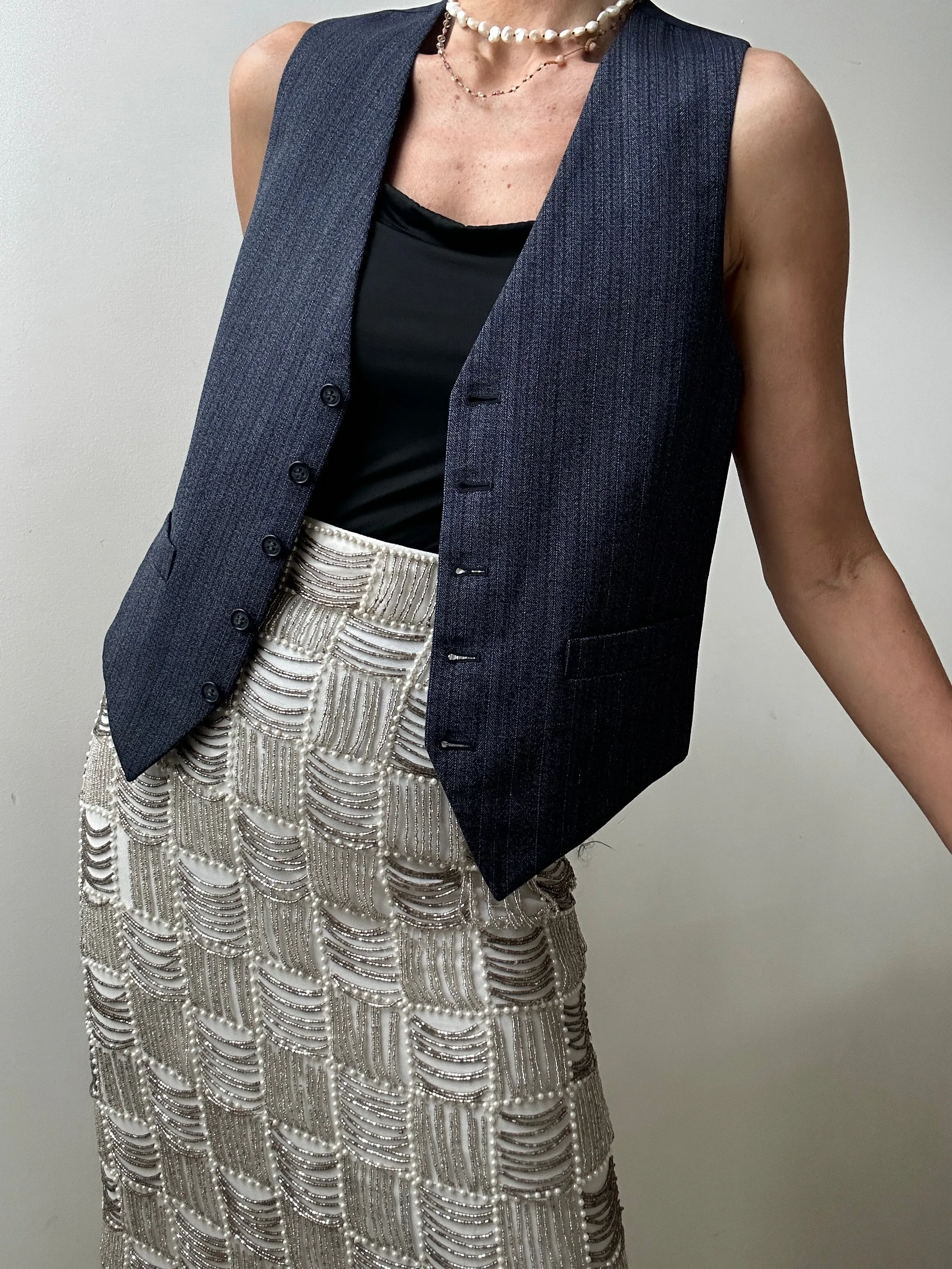 Vintage Suit Vest Black Blue Stripe