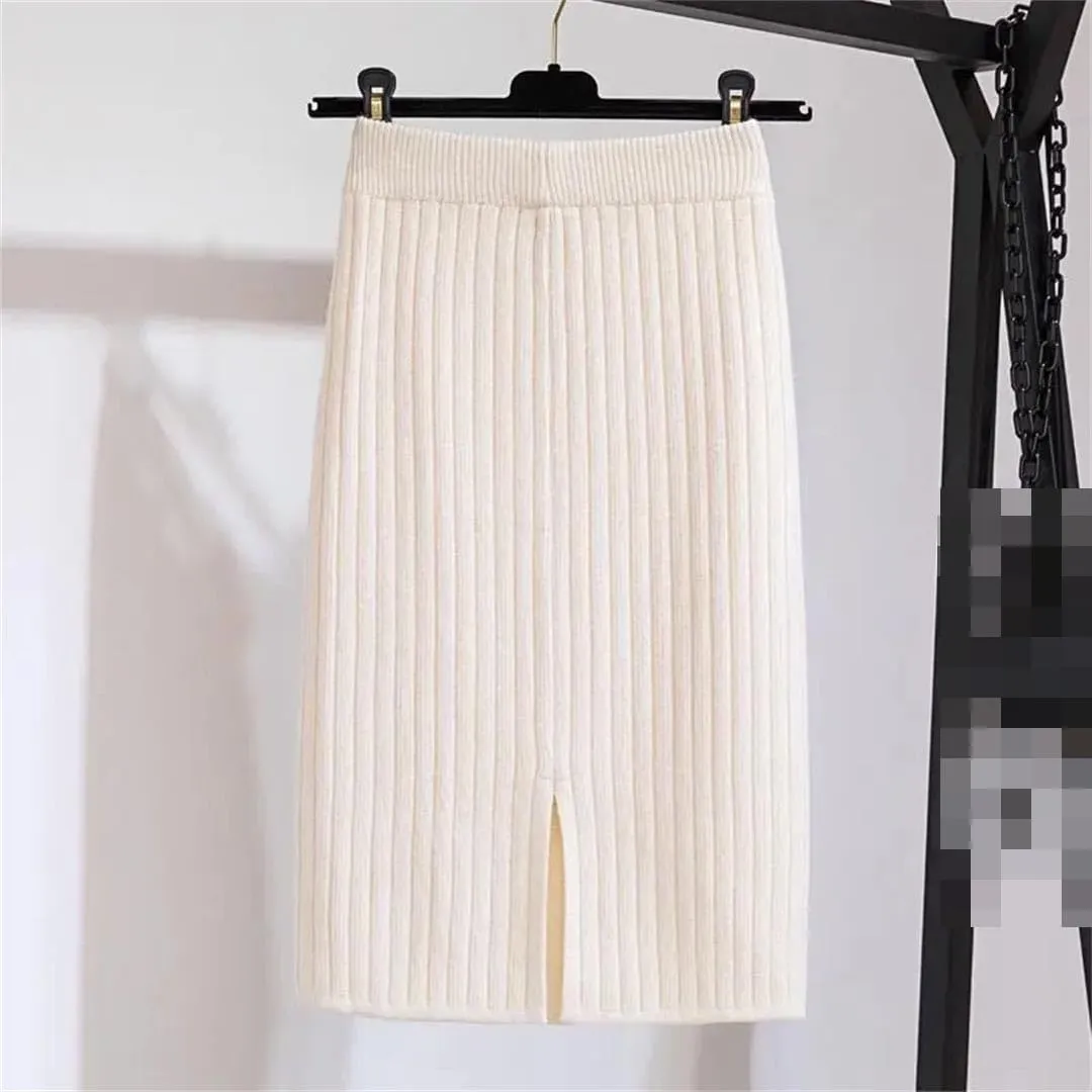 Vsadsau Women's Knitted Midi Skirt Fall Winter Solid Color Elastic Waist A-Line Skirt Pencil Skirts