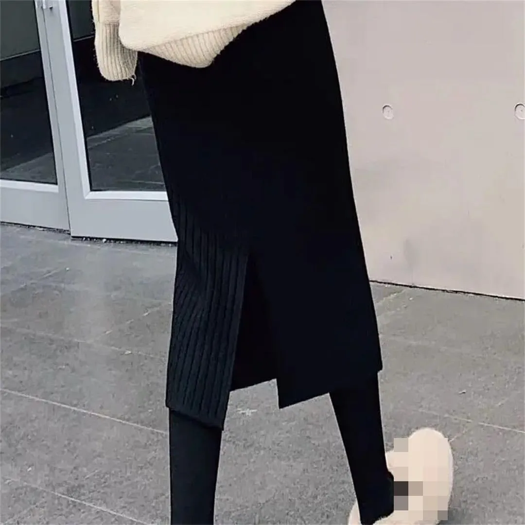 Vsadsau Women's Knitted Midi Skirt Fall Winter Solid Color Elastic Waist A-Line Skirt Pencil Skirts