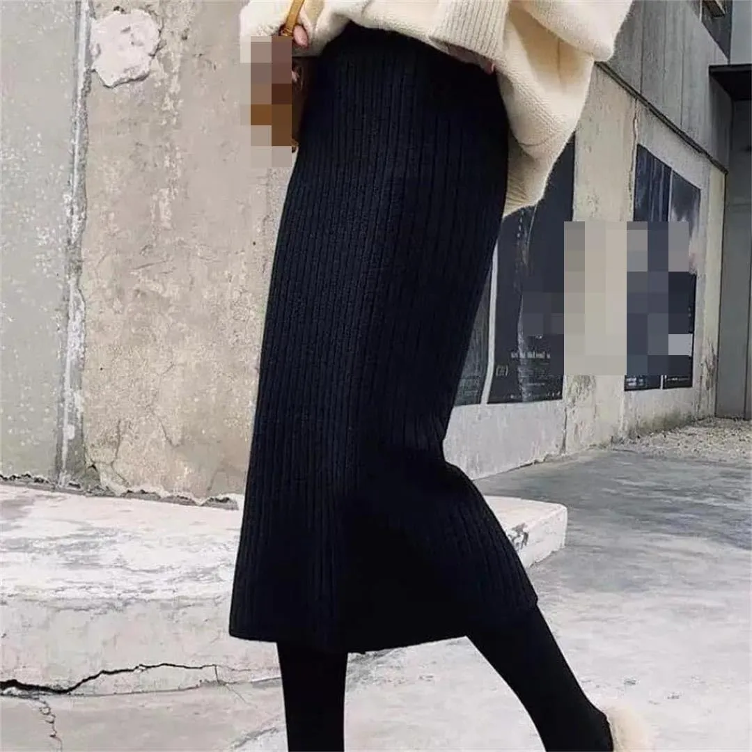 Vsadsau Women's Knitted Midi Skirt Fall Winter Solid Color Elastic Waist A-Line Skirt Pencil Skirts