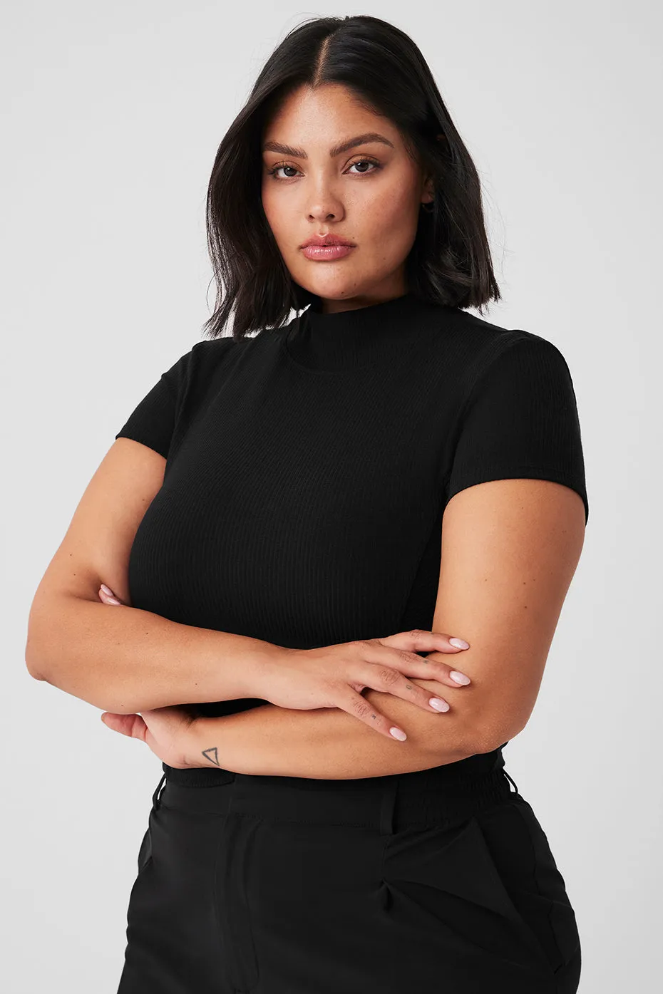 Wellness Rib Mock Neck Polished Short Sleeve - Black