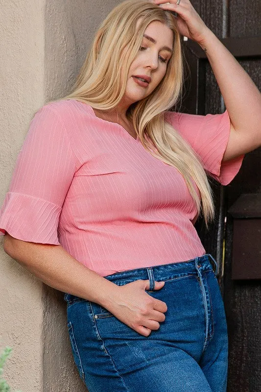 Women Ruffled Half Sleeve V Neck Textured Plus Top