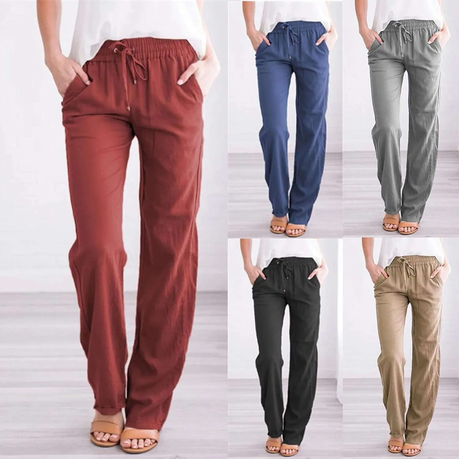 Women Summer Straight Leg Pants Linen Cotton Comy Baggy Casual Trousers Drawstring Elastic Waist Solid Pants with Pocket