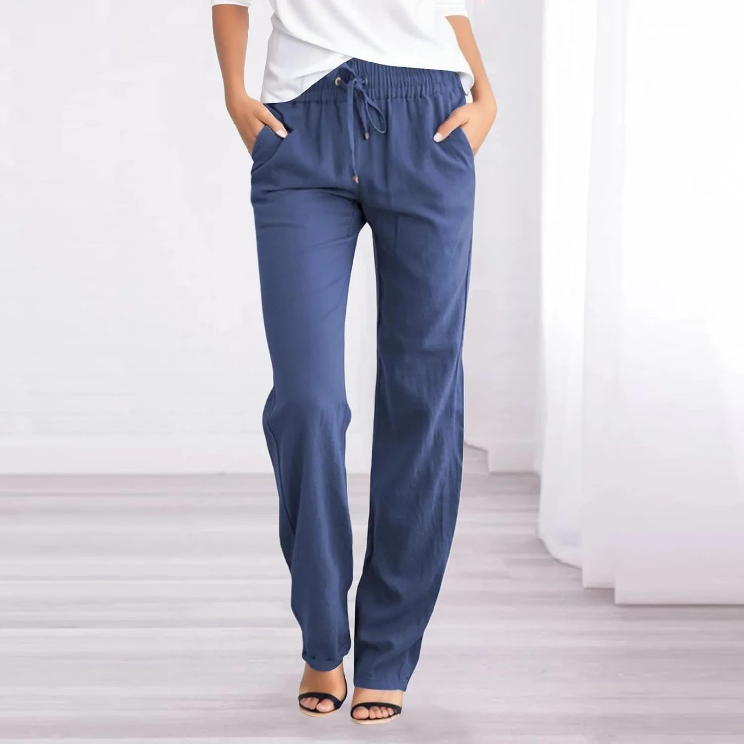 Women Summer Straight Leg Pants Linen Cotton Comy Baggy Casual Trousers Drawstring Elastic Waist Solid Pants with Pocket