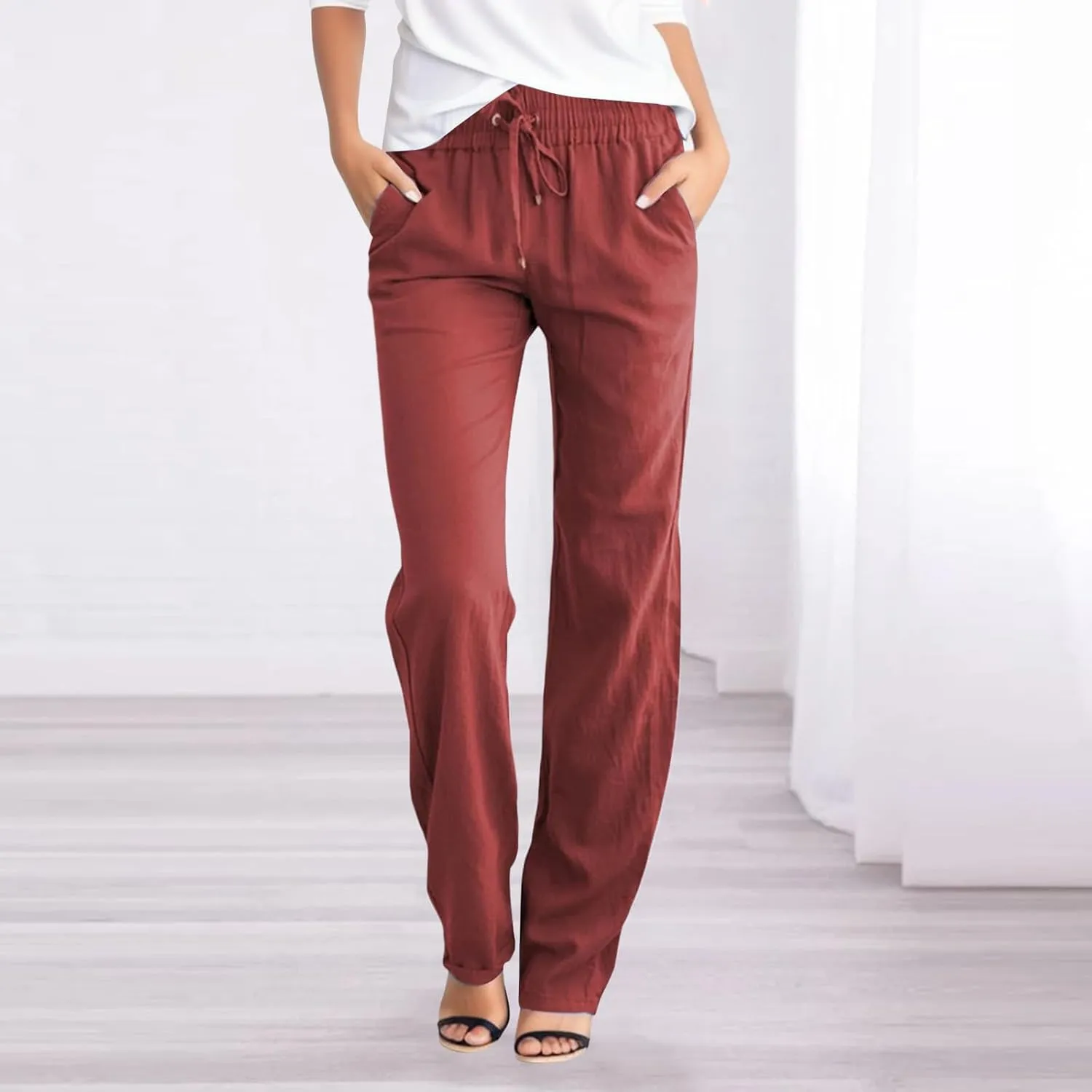 Women Summer Straight Leg Pants Linen Cotton Comy Baggy Casual Trousers Drawstring Elastic Waist Solid Pants with Pocket