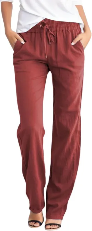 Women Summer Straight Leg Pants Linen Cotton Comy Baggy Casual Trousers Drawstring Elastic Waist Solid Pants with Pocket