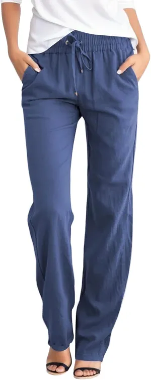 Women Summer Straight Leg Pants Linen Cotton Comy Baggy Casual Trousers Drawstring Elastic Waist Solid Pants with Pocket