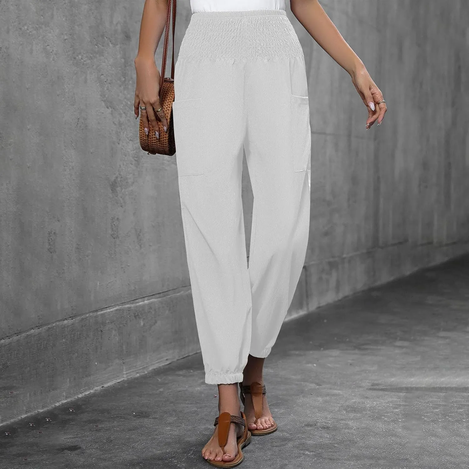 Women Wide Leg Flowy Pants 2025 Summer Casual High Waisted Baggy Loose Boho Beach Vacation Palazzo Lantern Trousers