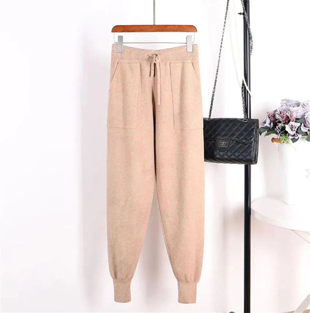 Women's Harem Pants Loose Trousers for Knitted Pants Winter Solid Color Sweater Trousers with Pockets