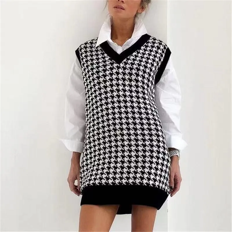 Women's Mid-length Sweater Loose Houndstooth V-neck Knit Sweater Vest Women
